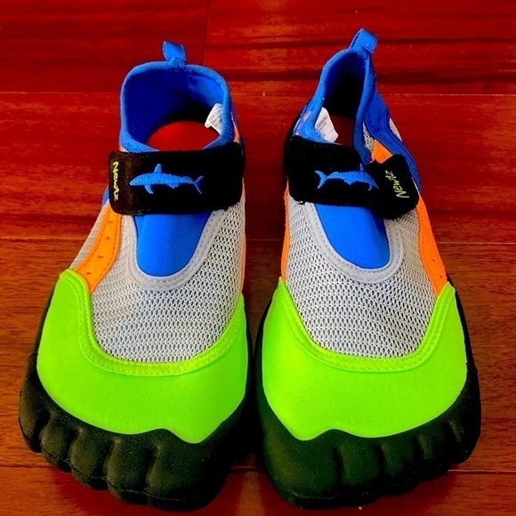 Blue, green, orange, black, and gray Newtz water shoes - Picture 2 of 8